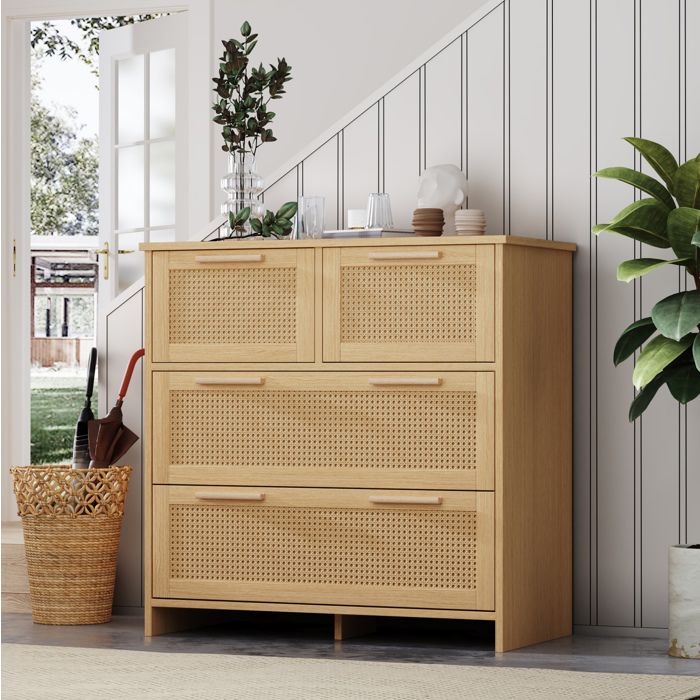 Commode en rotin naturel à 4 tiroirs avec poignées en bois massif