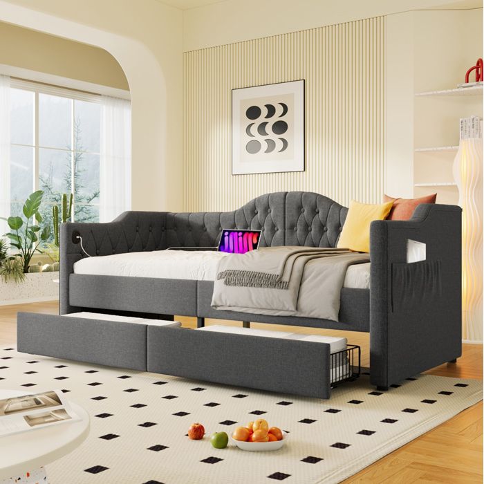 Lit banquette 90×190 cm USB Type-C 2 tiroirs rangement et tête de lit capitonnée - BEAUNIV - sans matelas gris lin