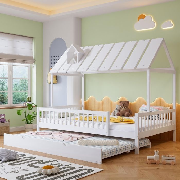 Lit - KOMHTOM - Lit maison - 120x200 cm - Lit gigogne 120x190 cm - Pin massif Lit - KOMHTOM - Lit maison - 120x200 cm - Lit gigogne 120x190 cm - Pin massif