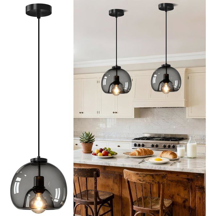 Lustre en verre noir - CACTOSE - Abat-jour en verre fumé - Douille E27 - Ampoule LED ou incandescente - Hauteur réglable