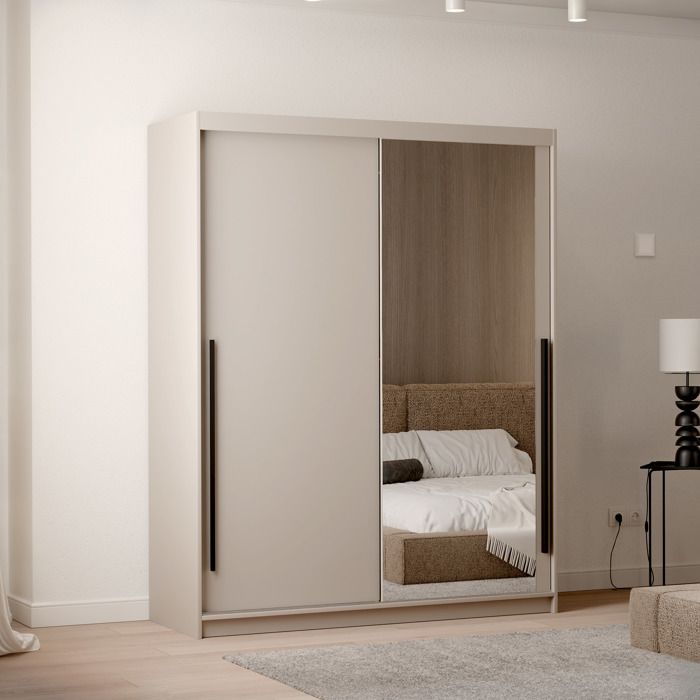 Armoire SILENTE 160 cm - avec miroir - LED - portes coulissantes - Cachemire