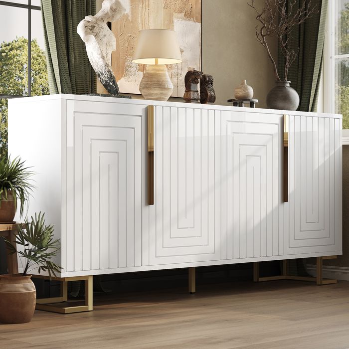 Meuble TV blanc 152x40x75 cm design géométrique unique poignées et pieds dorés élégant Meuble TV blanc 152x40x75 cm design géométrique unique poignées et pieds dorés élégant