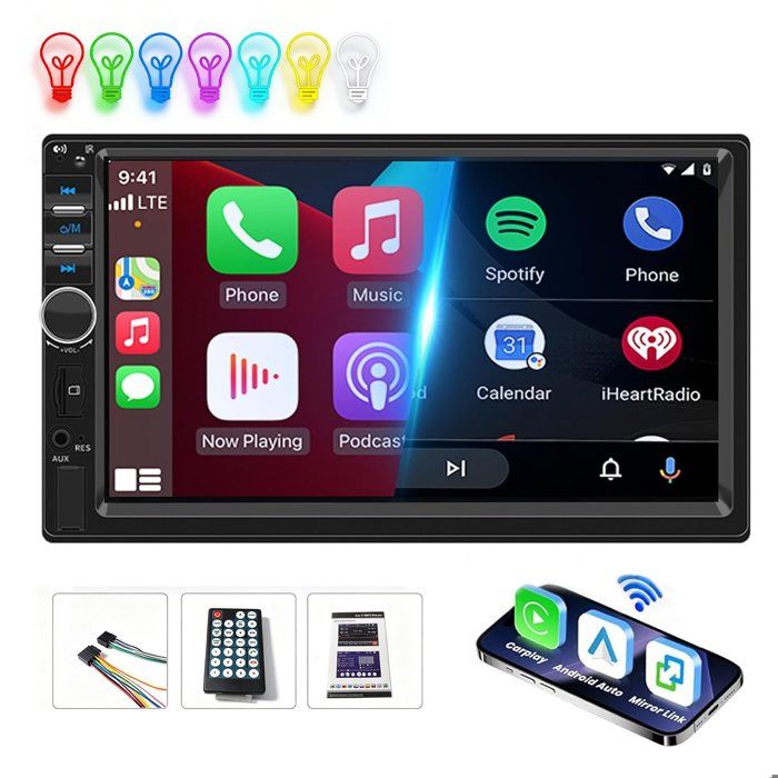 Autoradio 2 DIN avec Carplay et Android Auto - Écran Tactile 7 Pouces avec Mirror Link USB/AUX FM Radio adapté aux véhicules 12V