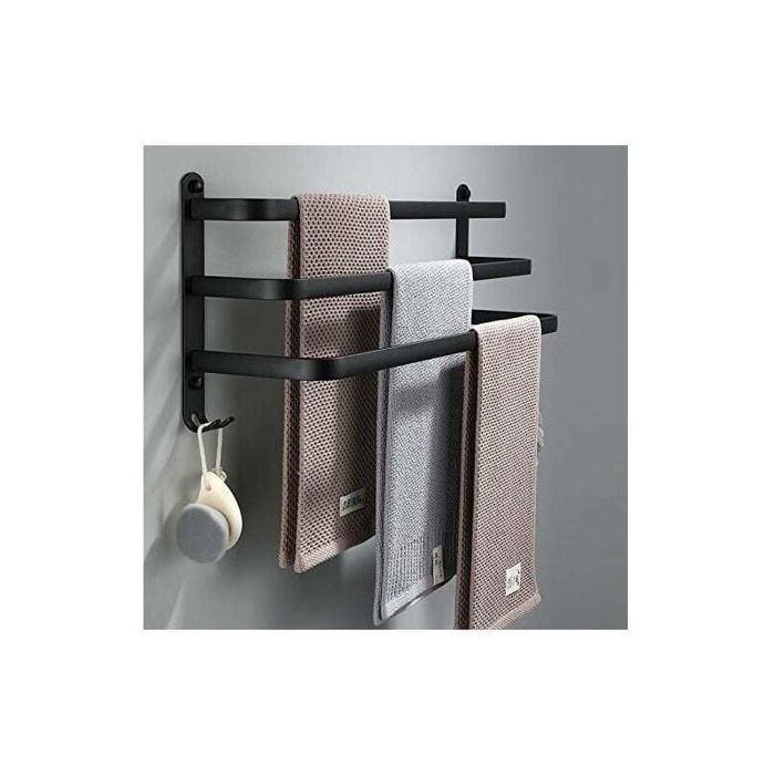 Porte Serviettes Salle de Bains Noir - Barres Porte Serviettes Adhesif Mural - Étanche avec Crochet(50cm Three Bars)