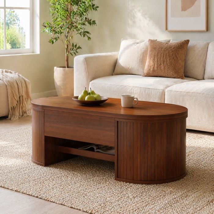 Table basse relevable – couleur noyer – MDF – rangement intérieur – tablette coulissante
