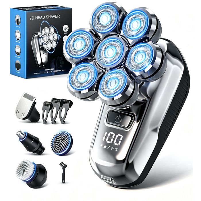Rasoir Électrique Hommes 5 en 1 Electric Shaver avec Écran LED Rasoir Électrique Humide Sec Étanche IPX7 Rasoir Tête Chauve Homme