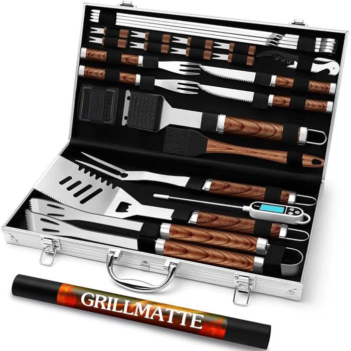 26pcs Kit  accessoires pour Barbecue ProfessionnelEnsemble  ustensiles de Barbecue en Acier 1-marron