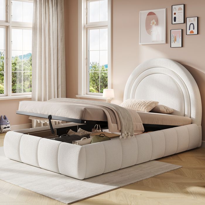 Lit enfant rembourré 90 x 200 cm bouclé beige sommier inclus coffre hydraulique tête épaisse coins arrondis rangement pratique
