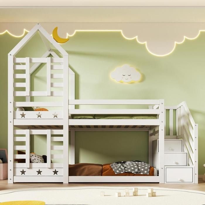 Lit superposé enfant - KOMHTOM - lit cabane étoiles et lune - 90x200 cm - tiroirs & rangements intégrés - Sécurité EN 747