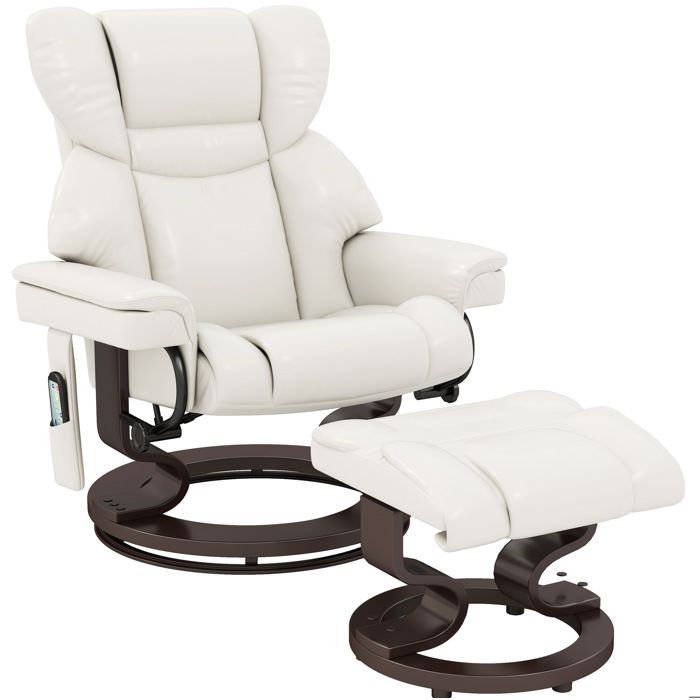 ELVORIN fauteuil relax electrique pivotant 360 degres inclinable 145 degres avec repose pieds simili cuir blanc creme