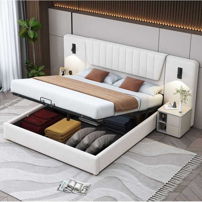 HOMVRA Lit coffre 180 x 200 cm rembourré beige velours tête de lit large 2 liseuses orientables USB