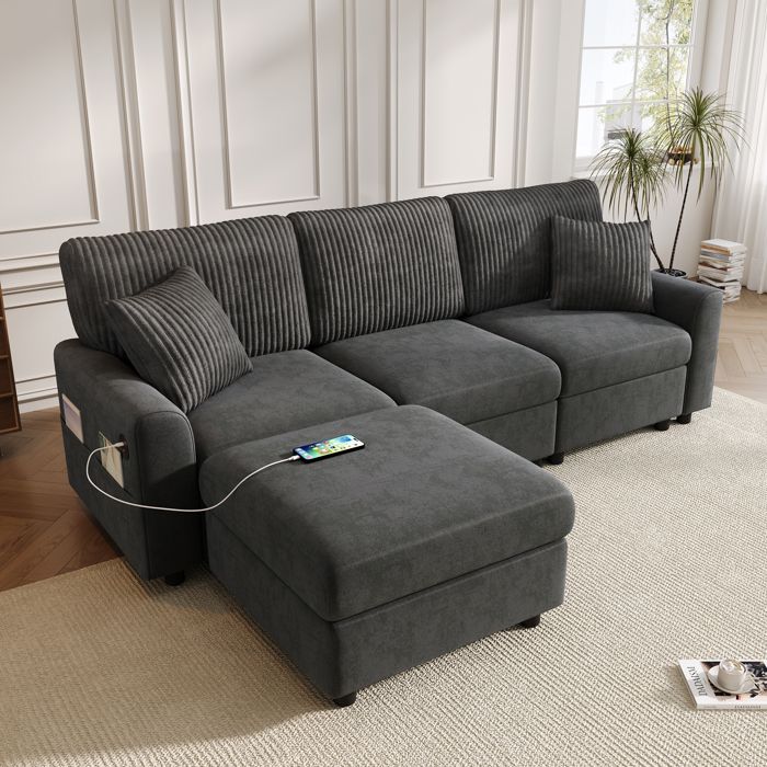 Canapé dangle - Becag - Canapé 4 Places avec port USB et Type-C - Canapé convertible - 223x146x84cm - Chenille+Velours Côtelé Noir