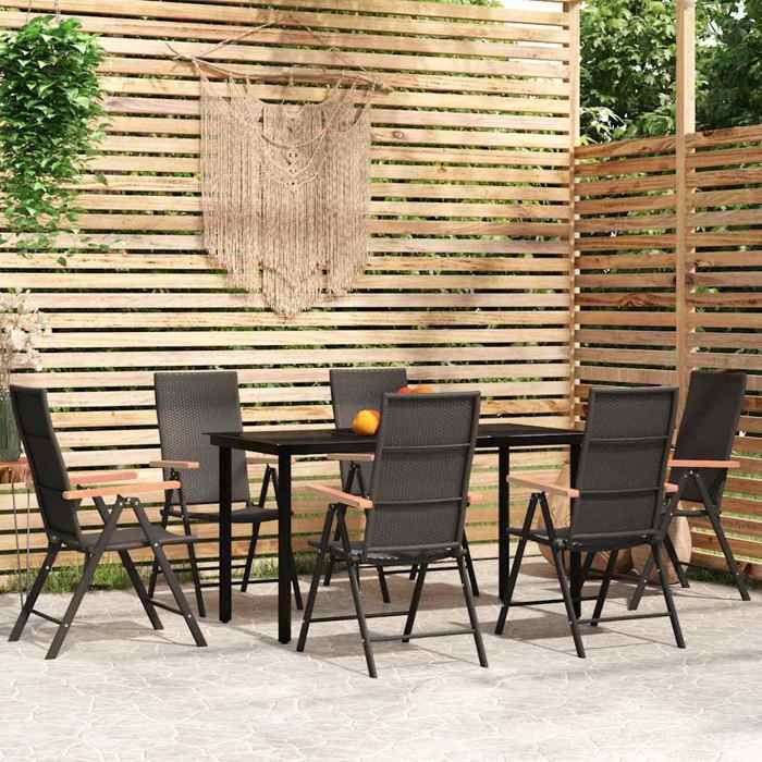 Ensemble de jardin - MAISON EXCLUSIVE - 7 pièces - Noir - Chaises pliables (dossiers 7 positions) - Plateau verre