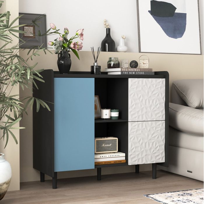 Buffet Bas 1 Porte 2 Tiroirs et 2 Niches Ouvertes - BEAUNIV - pour Cuisine Salle à Manger Salon MDF Noir et Bleu 90×40×80 cm