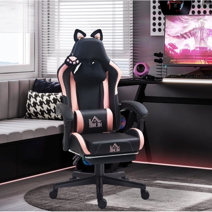 Chaise de Bureau à Oreilles de Chat Dossier Inclinable 135° et Repose-Pieds - ELVMI - Hauteur Réglable Simili Cuir Noir et Rose