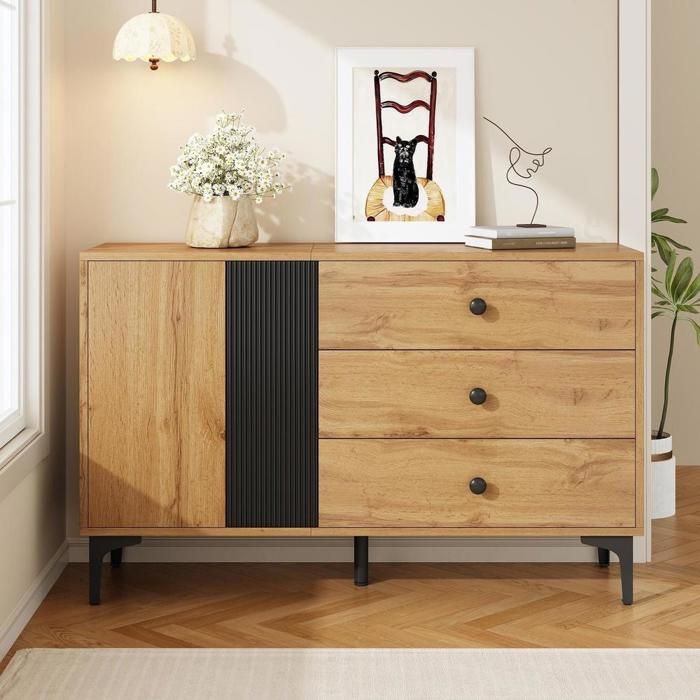 Buffet bas - KOMHTOM - 120x35x76cm - 3 tiroirs & 1 porte - Bois noir/naturel - Style scandinave moderne Buffet bas - KOMHTOM - 120x35x76cm - 3 tiroirs & 1 porte - Bois noir/naturel - Style scandinave moderne
