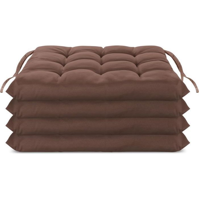Coussin de Chaise - Lot de 4 - Piqué Marron - Avec Fixations - Intérieur Extérieur - 40x40 cm