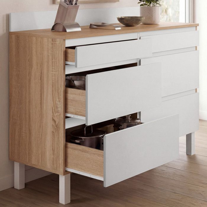 Buffet bas casserolier de cuisine 120 cm CLAUDE bois et blanc Buffet bas casserolier de cuisine 120 cm CLAUDE bois et blanc
