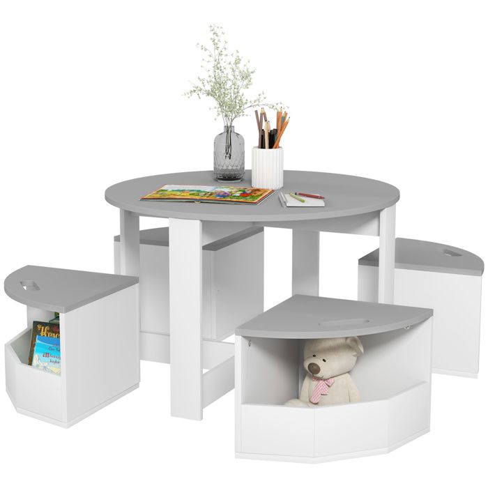 Table enfant avec 4 chaises - AIYAPLAY - 5 pièces avec rangement cadeau pour fille garçon 3-8 ans - MDF - Ø78x49cm - gris