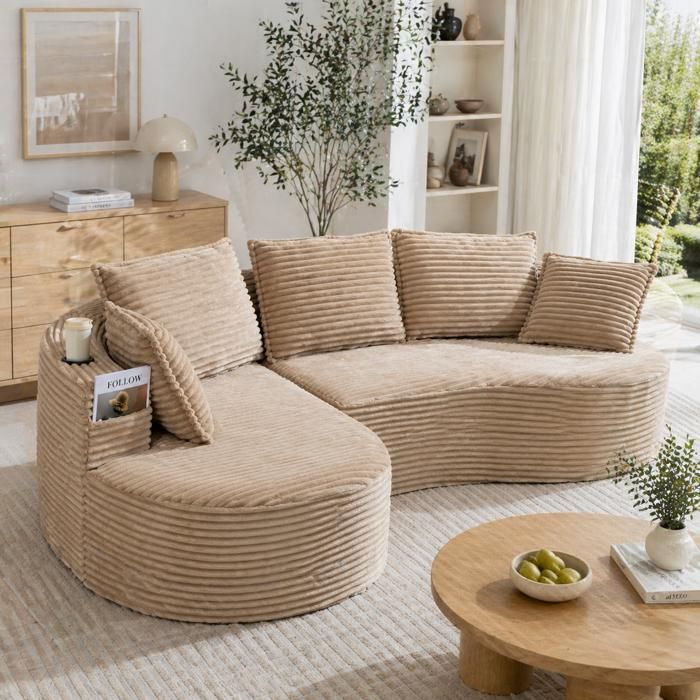Canapé 250 x 152 x 82 cm coloris kaki revêtement en velours côtelé avec coussins mousse haute densité pour le salon