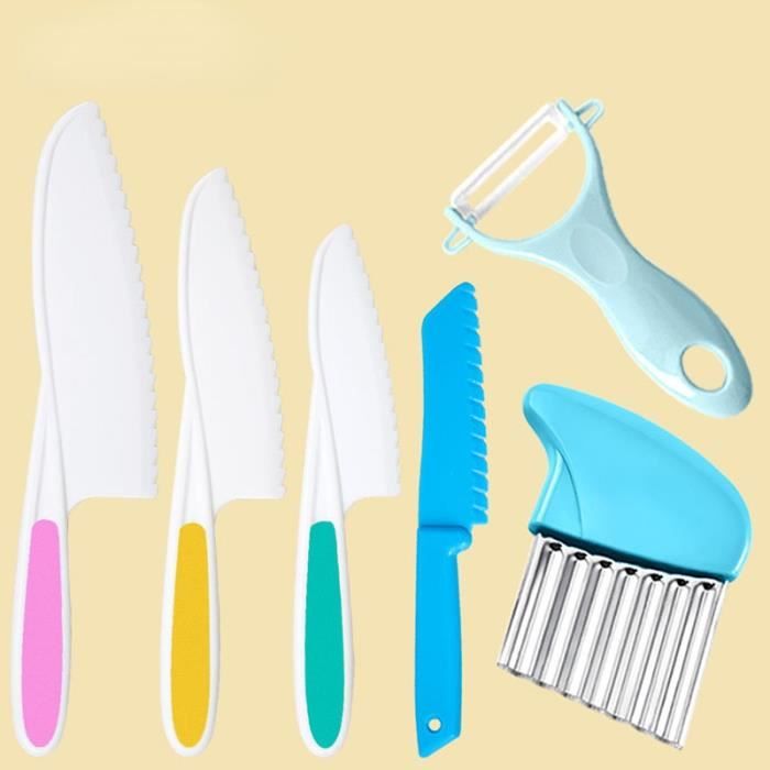 Kit Couteau Enfant Couteaux De Cuisine Enfants 6 Pièces | Couteaux Sécurité Plastique | Découpe Fruits Légumes | QHFalashbuy Kit Couteau Enfant Cuisine