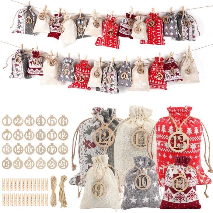 Calendrier De L'Avent Vide à Remplir Soi-même - 24 Poches En Tissu - 100x50 Cm - Pour Noël DIY Avec Enfants