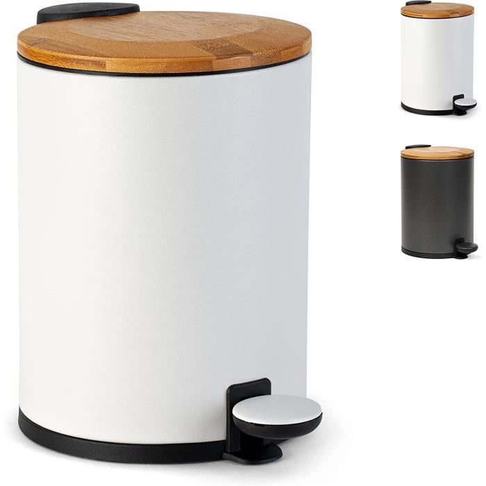 Poubelle Salle De Bain Bambou Bremermann 5,5L - Noir - Design Élégant Avec Couvercle Bambou