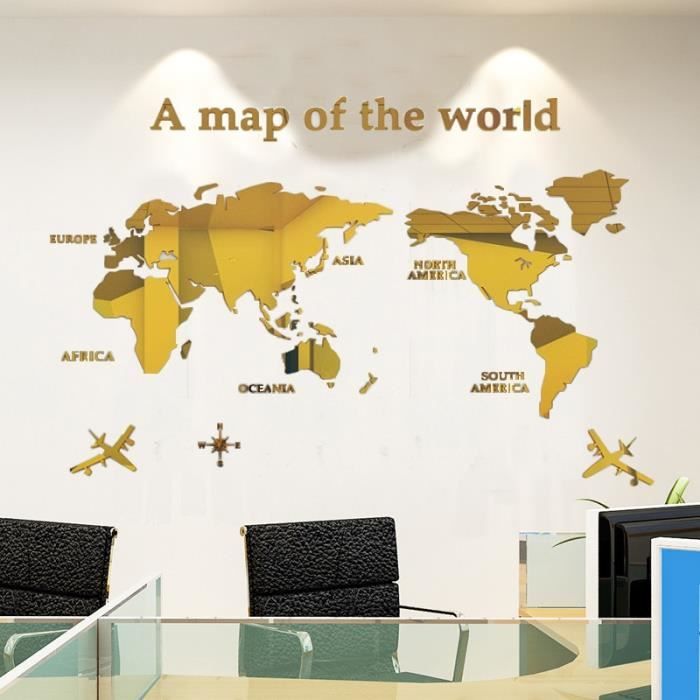 Sticker Murale Carte Du Monde 3D Noir | Décor Acrylique | DIY Salon/Bureau | 180x100cm