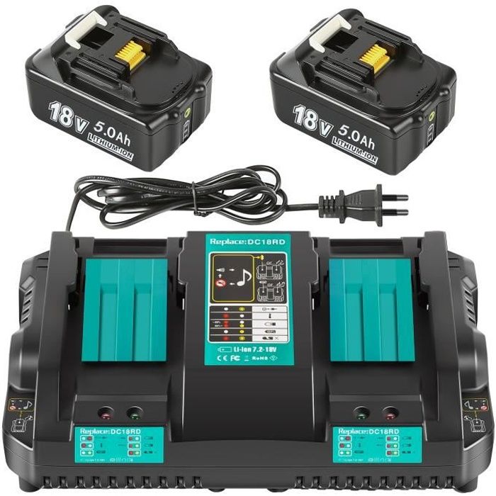 Remplacement Rapid Chargeur avec 2 Batteries 18V 5.0Ah pour Makita Radio de chantier DMR107 DMR108 DMR110 DMR114 DMR112 DMR100 DMR106 DMR102 DMR104 DMR101 DMR103B BMR100 Rechange Battery 