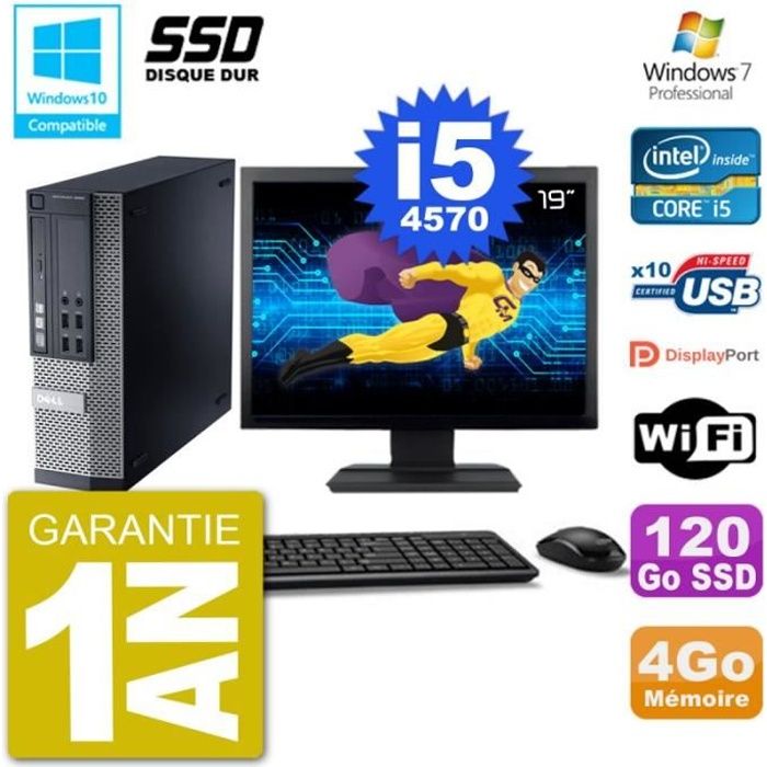 PC Dell 9020 SFF Ecran 19 Intel i5-4570 RAM 4Go SSD 120Go Graveur DVD Wifi W7 - Dell
