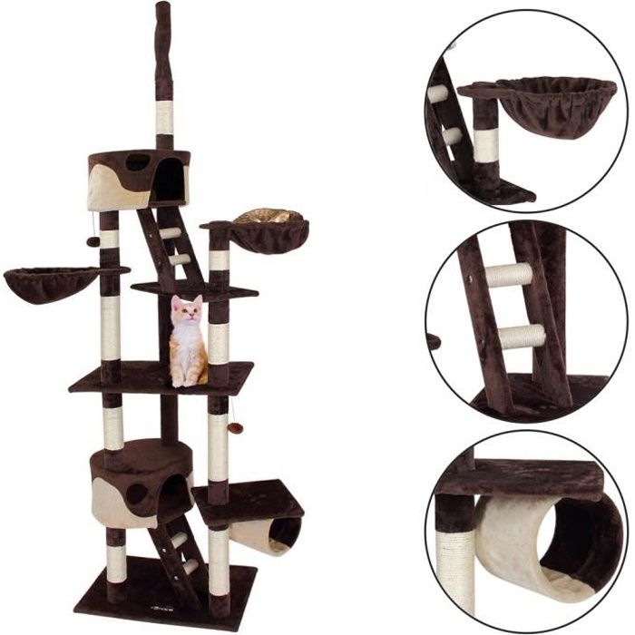 Arbre A Chat Extra Haut Brun Griffoir Cabane Nacelle Fixation Au Plafond Cdiscount Animalerie