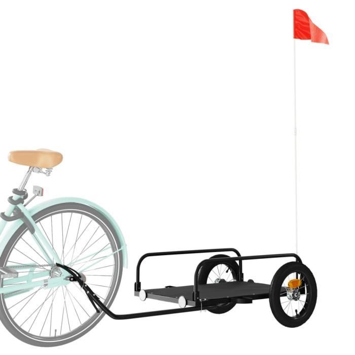 Remorque Vélo Fer 122x53x31 Cm – Charge 30 Kg, Drapeau Sécurité Inclus, Noir