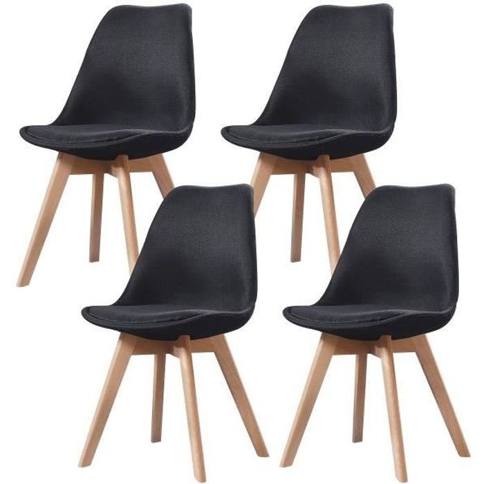 Elisa  Lot de 4 chaises tissu scandinave  Noir  pieds en bois massif