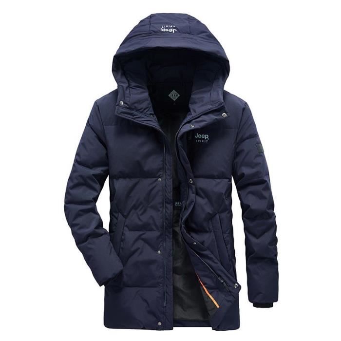 Doudoune Hiver Homme Capuche Chaude Mi Longue Veste Zippee Epaisse Couleur Unie Bleu Bleu Cdiscount Pret a Porter