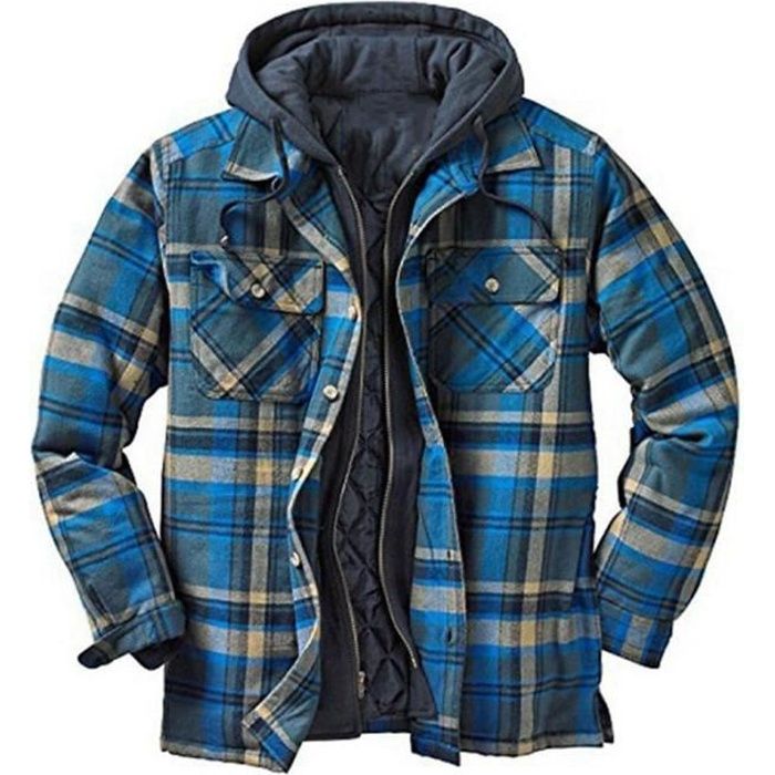 Veste Hiver Carreaux a Capuche Homme Chaude Epaisse Casual Veste Zippee Avec Poches Pour Automne Hiver Bleu Cdiscount Pret a Porter