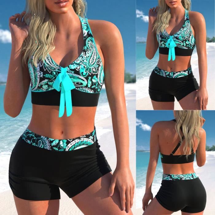 Tankini Bikini 3 Pièces Femme – Imprimé Fleurs – Maillot De Bain Triangle – Neuf