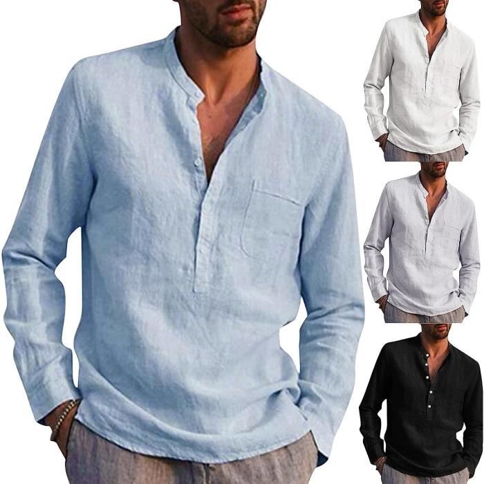 Generique Chemise Homme Chemise Lin Blanche Slim Fit Casual Col en V Manche Longue Chemise de Affaires bleu