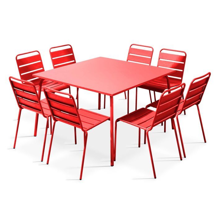 Table De Jardin Carree En Metal Et 8 Chaises Rouge Achat Vente