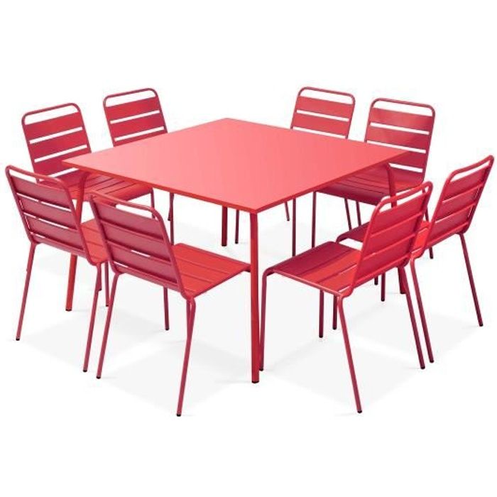 Table de jardin et 8 chaises - Palavas - Rouge - Acier - 120 x 120 x 72 cm
