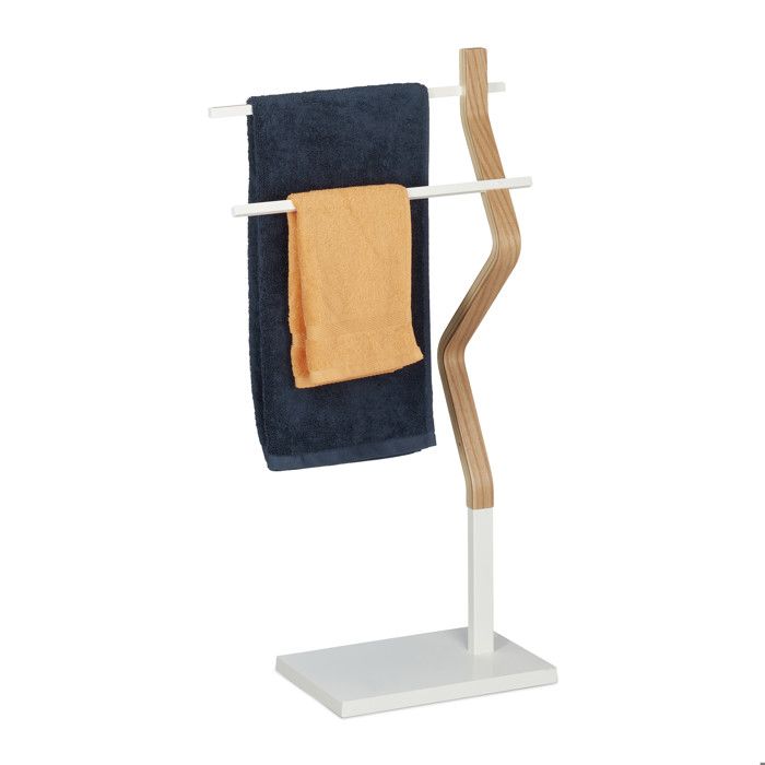 Relaxdays Porte-serviettes autonome Support à torchons avec 2 barres pour lavettes bois & métal blanc/naturel