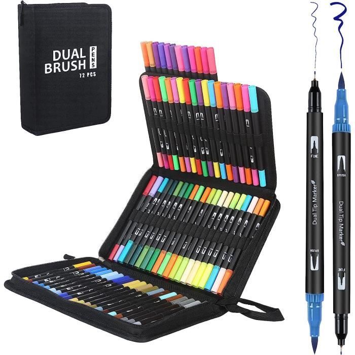 Set De 24 Feutres à Double Pointe - Pointe Pinceau Souple + Pointe Fine 0,4 Mm - Encre à Séchage Rapide - Pour Bullet Journal, Coloriage