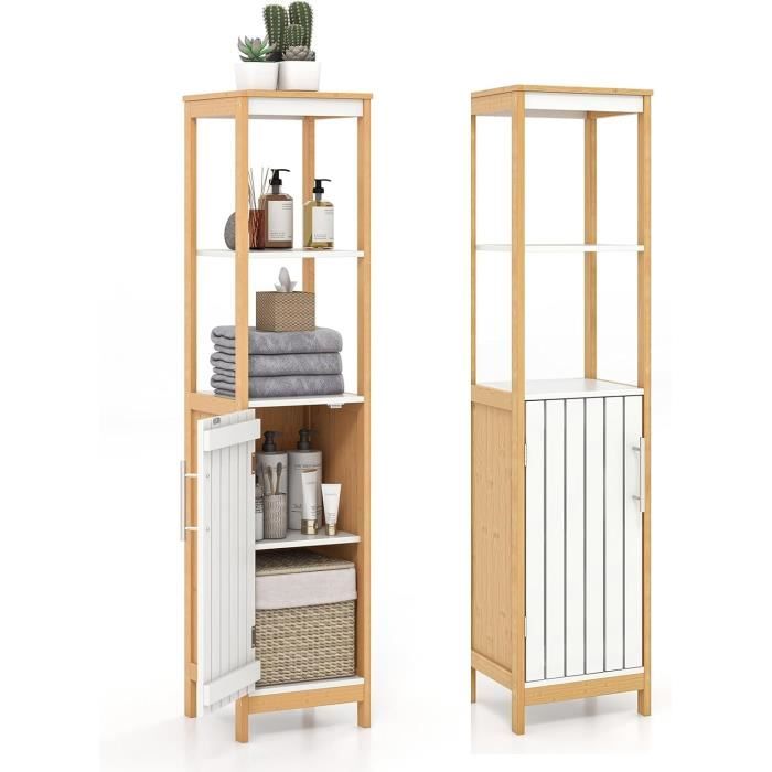 LIFEZEAL Armoire Bambou 40x33x160cm - Avec Panier Linge | Rangement Salle De Bain 4 Niveaux