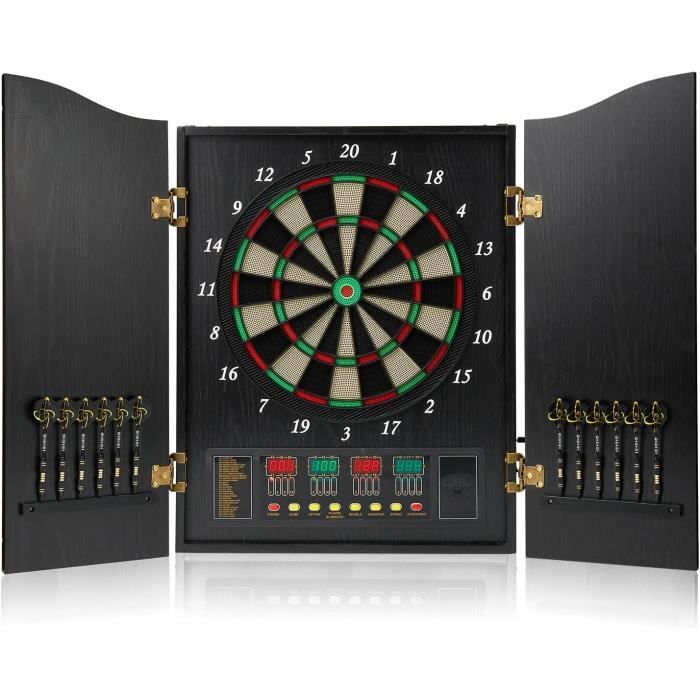 Cible Fléchettes Électronique 27 Jeux - Coffret Bois Avec 12 Fléchettes - Jusqu'à 8 Joueurs