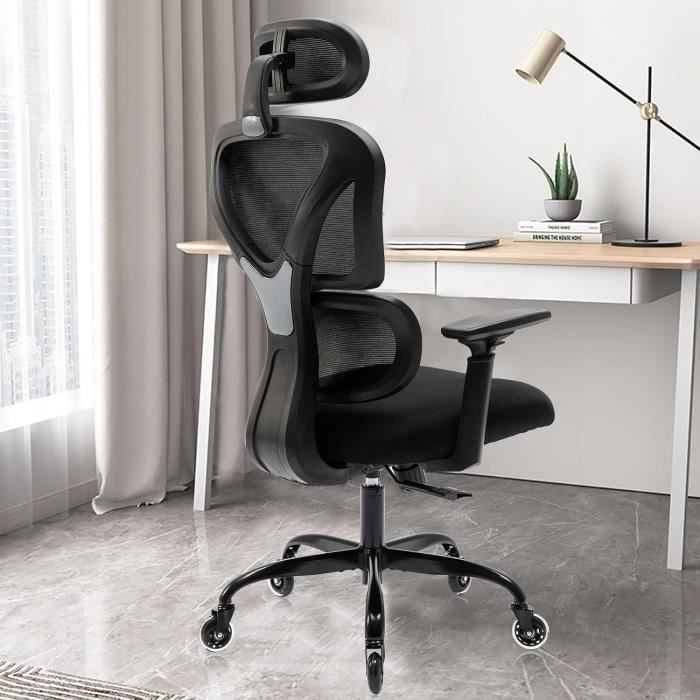 Chaise de bureau ergonomique en maille robuste avec appuie-tête réglable, accoudoir 3D et soutien lombaire rembourré, fonction d'inclinaison et position de verrouillage