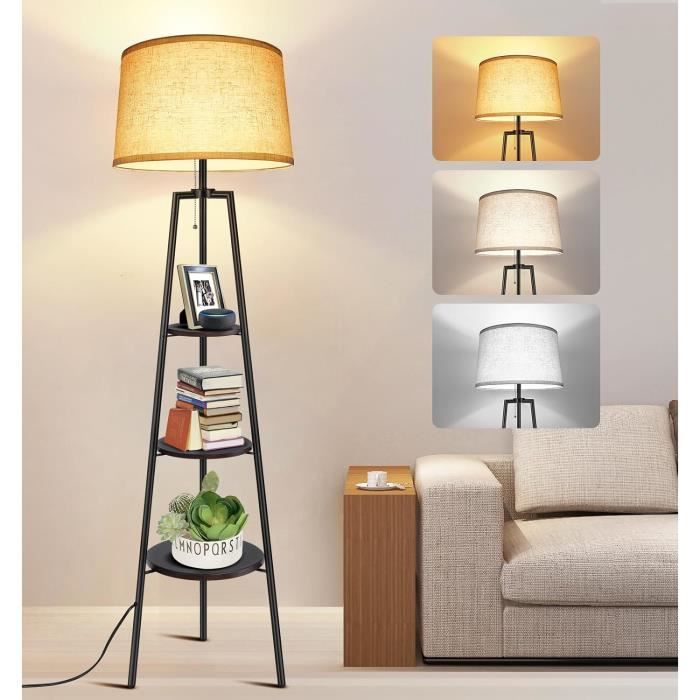 Omdekor Lampadaire Bois 1,6 M Avec 3 Étagères – 3 Températures Lumière + Ampoule E27 Incluse