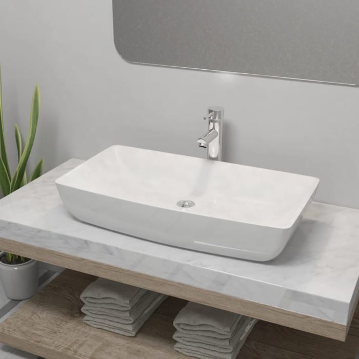 vidaXL Lavabo et Mitigeur Céramique Rectangulaire Blanc Salle de Bain Vasque 275493
