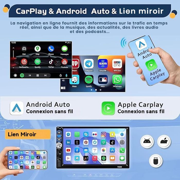Motorsi 1-DIN Autoradio A-pple CarPlay Draadloze Radio, 7'' HD Uitschuifbaar Touchscreen Bluetooth Radio met Mirror Link/Stuurwielbediening /FM/EQ/USB/Android Auto Radio Achteruitrijcam
