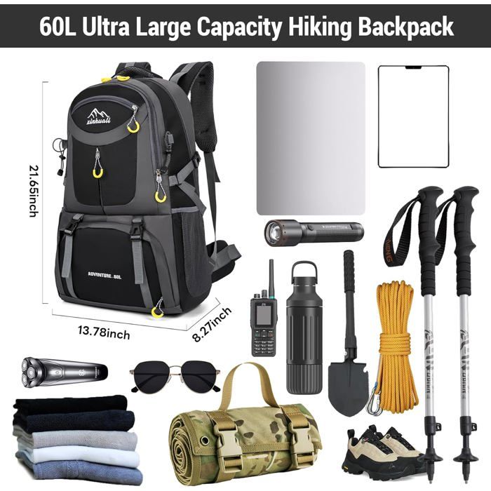 Auniq Sac à Dos de Randonnée 60L, Grande Capacité Sac de Trekking Sac à Dos Voyage