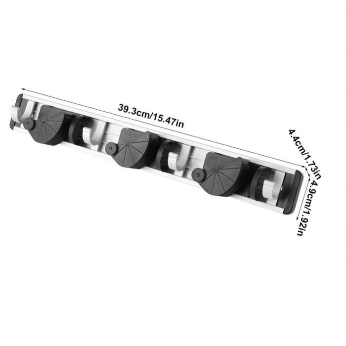 Support Mural Triple Pour Balais PARENCE - 3 Emplacements + 2 Crochets, Largeur 37 Cm - À Visser, Rangement Buanderie/garage