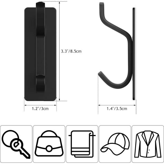 4 Crochets Adhésifs Muraux Noir - Inox, Sans Perçage Pour Salle De Bain